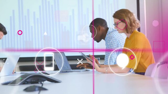 Team typing laptops, scrolling tablet, starting pink icons syncing devices over bar chart business