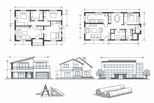 Technical Construction Blueprint Collection with Detailed Residential Floor Plans, Building Elevations, Structural Sections, and Drafting Tool Icons for Architectural Engineering and Development