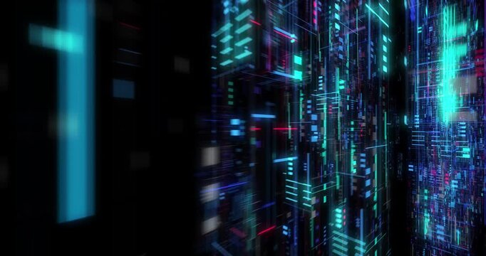 Dynamic digital grid motion futuristic technology background with glowing neon lights.