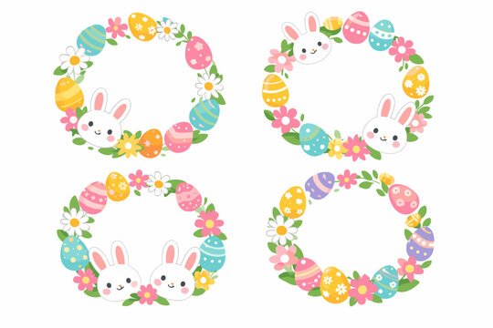 Set of cute Easter round vector frames featuring decorated eggs, spring flowers, and adorable white bunny faces. Circle floral wreaths for greeting cards, invitations, and holiday decorations.