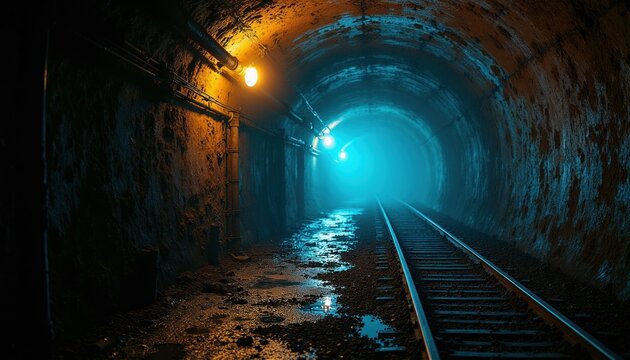 Old underground tunnel with train tracks. Dim yellow and blue lights shine through haze. Dirty wet ground reflects the low illumination. Abandoned railway passage seems endless.