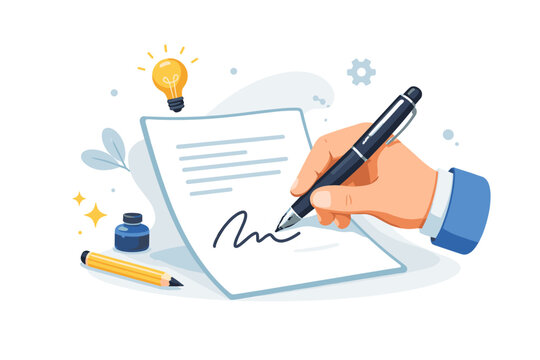 Hand Writing and Signing a Document with a Pen, Concept of Content Creation, Business Contract Agreement, Creative Idea with Lightbulb, Legal Signature on Paper, Professional Office Work Illustration