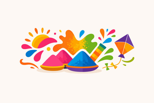 Happy Holi Festival of Colors Vector Illustration with Vibrant Gulal Powder Bowls, Water Gun Pichkari, Flying Kite, and Artistic Paint Splashes in a Minimal Flat Design for Indian Celebration.