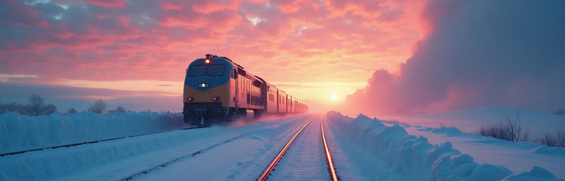 Train travels on snowy tracks. Colorful sunrise sky illuminates vast snowdrifts. Winter landscape with rail transport. Serene morning scene in cold weather.