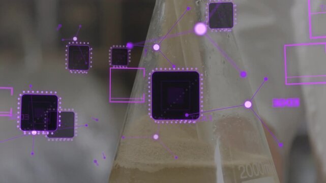Camera pulling back, flask holding cloudy liquid and tubing, purple nodes mapping lab 200 metrics