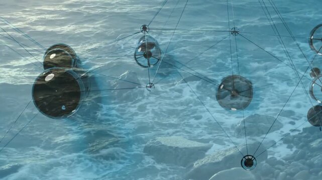 Spheres appearing over sea, nodes shifting right, rotating, reshaping lines, visualizing network