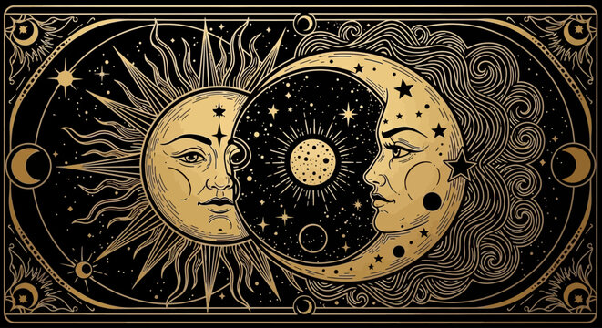 Celestial dance of sun and moon faces in a mystical astrological artwork with cosmic elements and starry background, an enchanting representation of day and night balance
