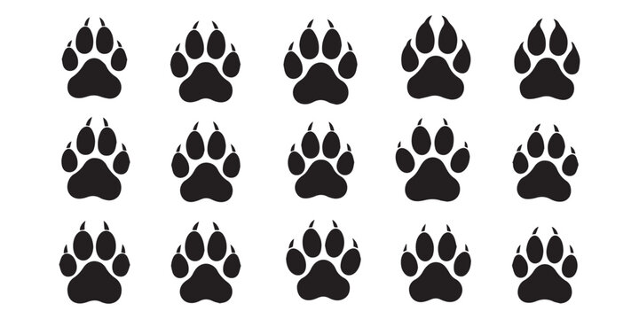 Different animal paw prints black silhouette vector set. Paw footprint icon set, paw print icons in different style, cute animal, Collection of animal paw prints and animal faces including fox, wolf,