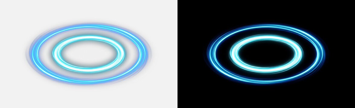 Blue neon glowing ring portal isolated on transparent background, electric cyan circle halo with inner glow, sci-fi energy vortex HUD effect overlay PNG