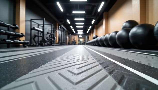 Modern gym interior with weight racks dumbbells and large black exercise balls lined up neatly. Textured floor has safety lines and patterns. Bright overhead lights illuminate spacious workout area.