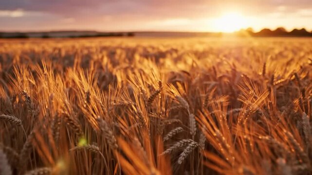 Golden wheat field at sunset with warm sunlight shining on the crops naturally outdoors