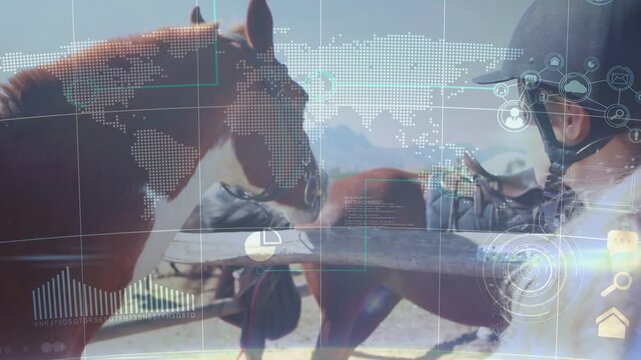Child wearing helmet preparing, petting horse causing horse leaning while tech HUD showing saddles