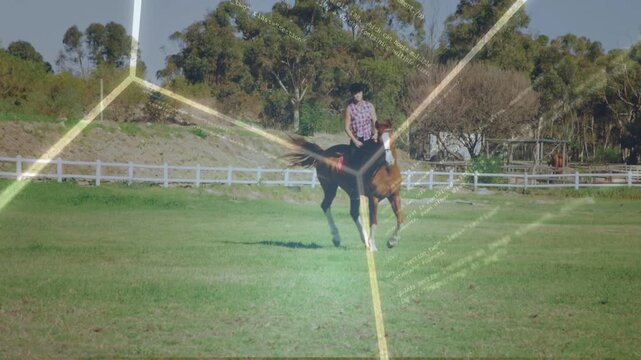 Woman rider cueing bay horse, turning in paddock for riding training, hex overlay tracing motion