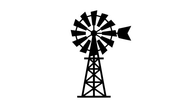 Vector silhouette of traditional windmill with blades and tower structure, rural landmark art