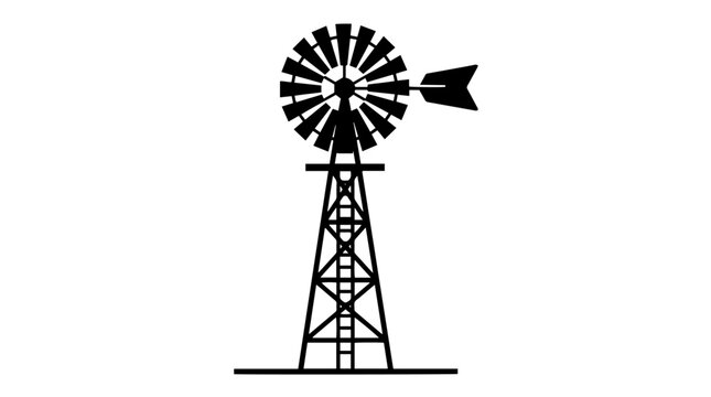 Vector silhouette of traditional windmill with blades and tower structure, rural landmark art