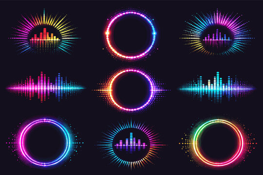 Abstract Neon Sound Equalizer Icons Set with Glowing Halftone Sunbursts, Circular Audio Waves, and Digital Frequency Spectrum Visualizations for Music Production, DJ Sets, and Audio Technology