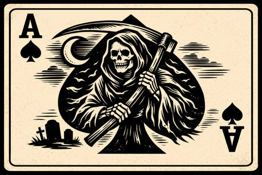 Vintage Ace of Spades Playing Card Design Featuring the Grim Reaper with a Scythe in a Retro Woodcut Style, Gothic Death Skeleton Illustration with Graveyard and Moon for Tattoo and Graphic Art.
