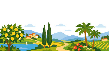 Obraz premium Italian Mediterranean Landscape with Cypress Trees, Lemon Tree, and Palms. Seamless Border Summer Mural with Vineyard, Mountains, Lake, and Villa. Simple Flat Vector Illustration of Countryside.