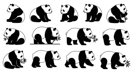 Multiple panda silhouettes in side profile, solid black shapes, various poses such as sitting. © Dini