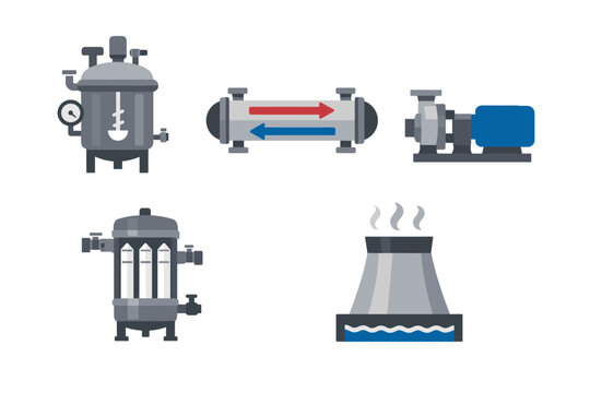 Set of Flat Vector Icons Representing Industrial Equipment Including a Chemical Reactor with Agitator, Shell and Tube Heat Exchanger, Centrifugal Process Pump, Filtration Unit, and Cooling Tower
