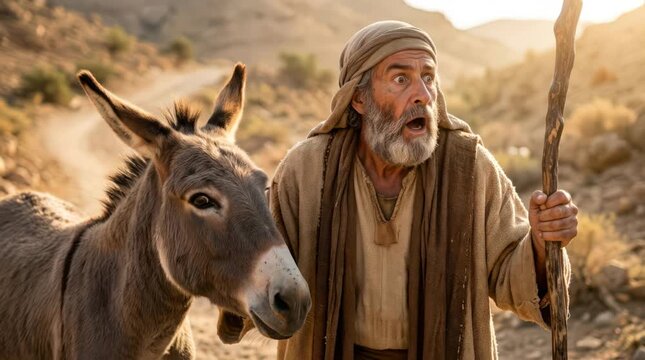 Biblical figure Balaam and his donkey on a desert path. Older man in ancient clothing reacting with shock and awe to an unseen angel. Cinematic historical religious concept