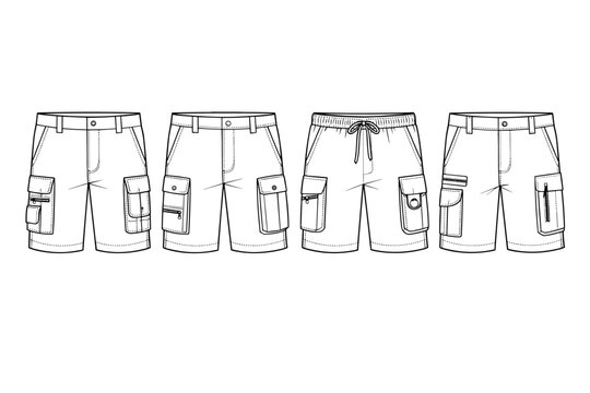 Set of Men's Cargo Shorts Technical Fashion Illustrations featuring Utility Bermuda Shorts with Various Pocket Details, Drawstring and Belt Loop Waistbands, Front View Apparel Design Templates