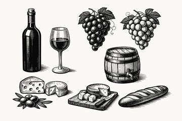 Obraz premium Vintage engraving style collection of wine bottle, glass, grapes, wooden barrel, cheese, olives, and baguette bread icons. Hand-drawn vector illustration for winery, menu, and food branding.