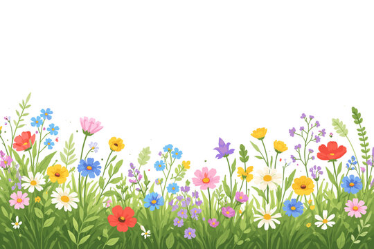 Colorful Wildflower Meadow Border Illustration with Green Grass and Various Spring Flowers like Daisies, Cosmos, and Forget-me-nots on White Background for Nature and Garden Design Projects