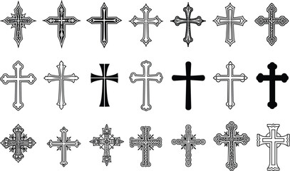 Fototapeta premium Large Collection of Ornate Religious Cross Icons and Gothic Christian Crucifix Symbols Isolated on White Background for Design