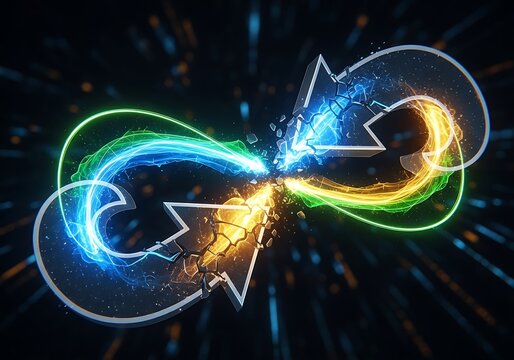 A vibrant digital illustration of three glowing arrows forming a circular motion with bright blue green and yellow lights on a dark background with streaks of light
