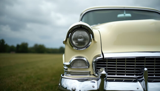 Cream colored classic car parked outdoors. Close up front view shows headlight grill and chrome trim. Cloudy sky above green field provides backdrop. Vehicle awaits journey.