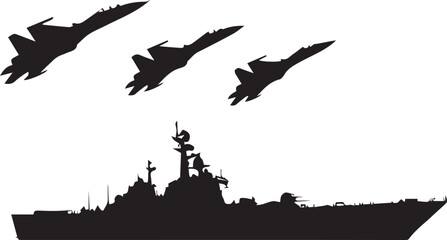 Silhouette of fighter jets flying above a naval warship, representing coordinated military operations, air and sea defense strategy, combat readiness, and modern warfare in a clean minimal style © Hina
