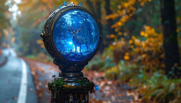 Illuminated sphere shows a deer in a forest scene on a roadside, with vibrant autumn foliage and blurred road