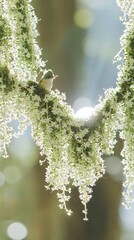 Fototapeta premium Small bird perched on cascading white blossoms in forest