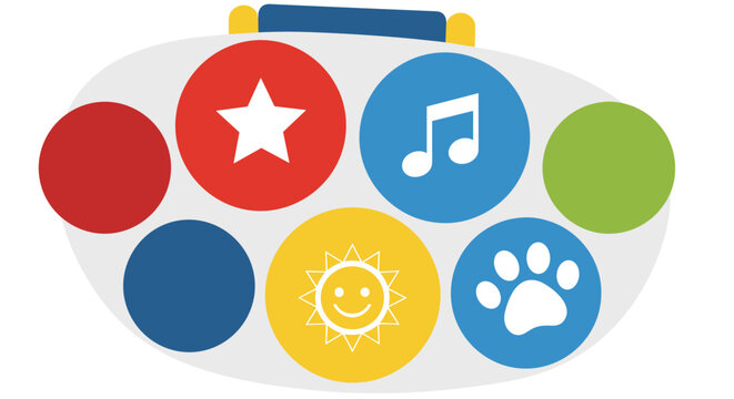 Toy music player with large buttons featuring a star, musical note, sun, and paw print for sensory and auditory stimulation.