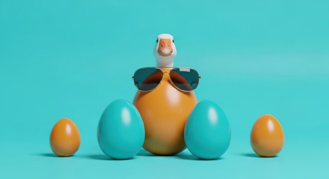 A duck wearing sunglasses surrounded by eggs on a teal background