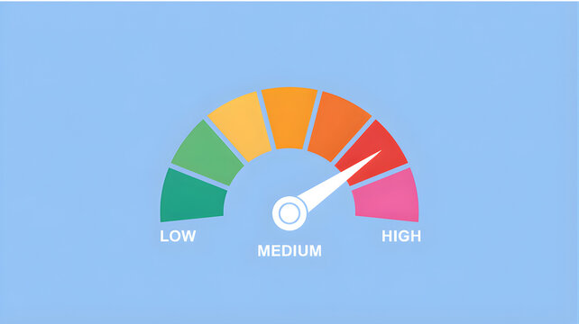 A speedometer gauge shows a needle pointing to high on a blue background