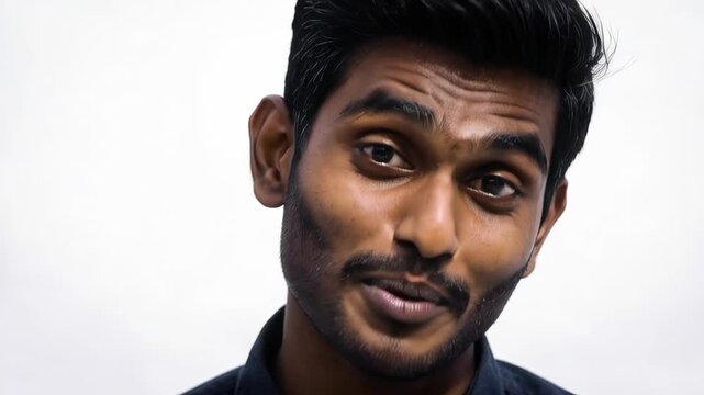 Static close up shot of young man changing facial expressions and smiling against plain white studio background
