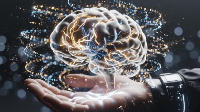 Futuristic glowing brain hologram levitating above open hand with energy sparks.