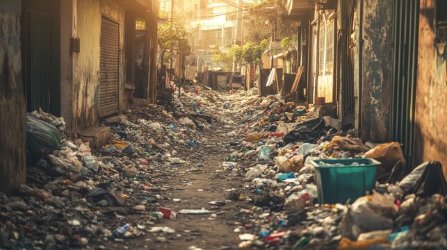 A grimy city alley choked with mounds of accumulated trash and debris, reflecting severe urban neglect and environmental challenges.