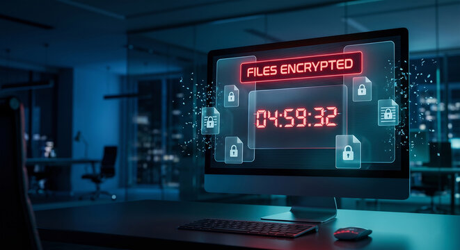 Ransomware attack interface with encrypted files warning and countdown timer on computer monitor