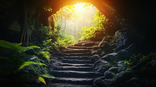 Ancient Stone Steps Ascend Through a Lush Jungle Archway into Bright Wilderness Sunlight