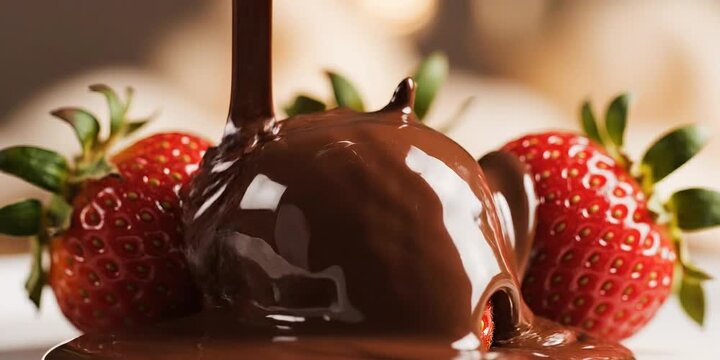 Rich Dark Chocolate Ganache Pouring Over Fresh Red Strawberries