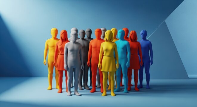 Colorful group of 3d cartoon people standing together