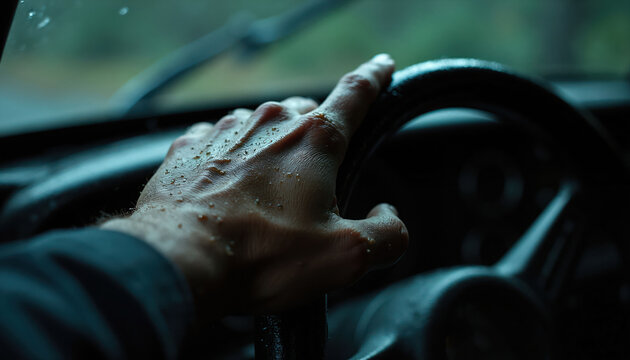 Close view weathered hand grips steering wheel. Water drops cover rough surface. Driver focused on road in dark vehicle interior. Man drives car in rain.