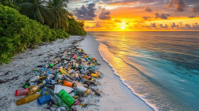 Plastic waste litters a deserted tropical beach at sunset with ocean waves gently lapping the shore
