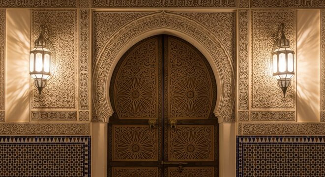 Beautiful ornate archway with intricate islamic patterns and lanterns