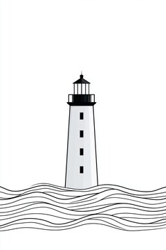 Minimalist black line illustration of a lighthouse standing on waves against a white background, showcasing a simple yet striking design for nautical themes