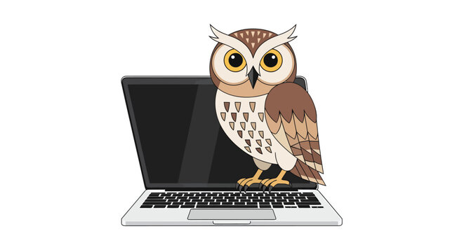 owl on laptop computer cartoon illustration