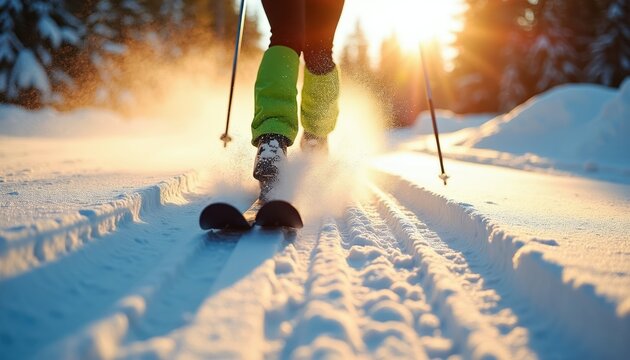 Person cross country skis on fresh snow. Sunlight glints off sparkling snow particles kicked up by skis. Skier moves fast on groomed winter trail.